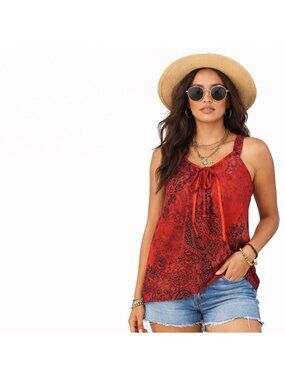 🔥 Boho Coral Paisley & Floral Sleeveless Tank Top Large 🔥